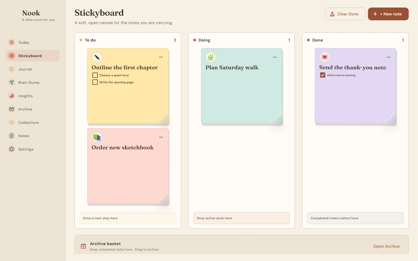 Cream light theme on the Nook Stickyboard development preview.