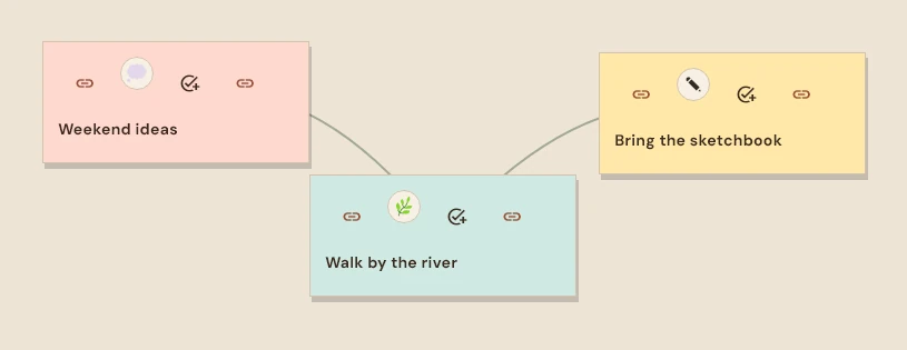 Nook Brain Dump with pastel idea nodes and visible connections in a synthetic workspace.