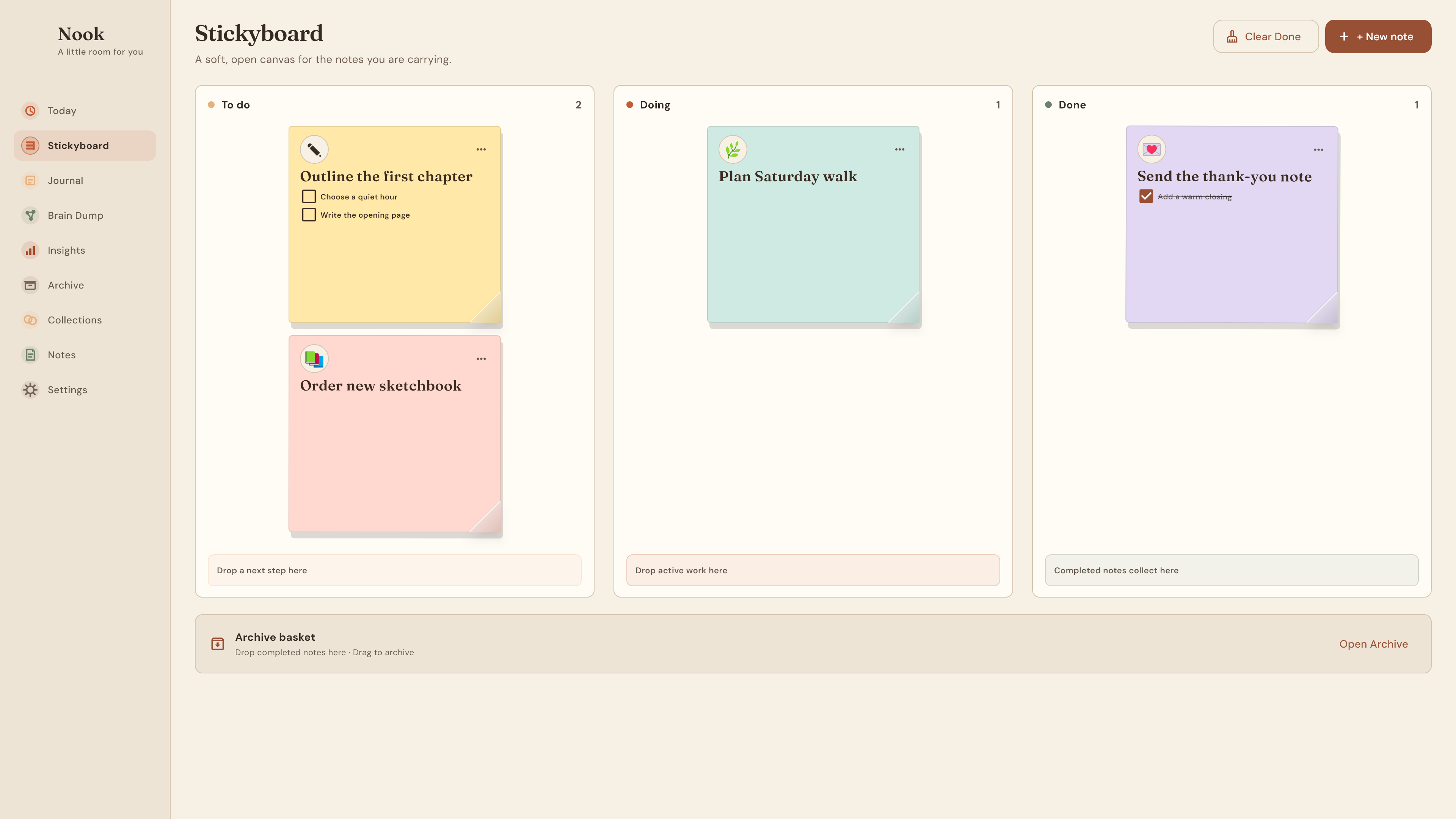 Nook Stickyboard with pastel notes across To do, Doing and Done, using fictional tasks.