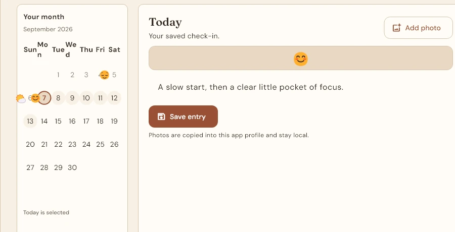 Nook Journal development preview showing the calendar, mood picker and writing area with synthetic content.